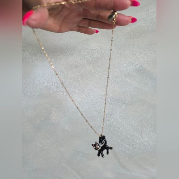 Betsey Johnson Black Cat Pendant Antique Gold Tone Necklace Rhinestone Rare 19' - Picture 5 of 12